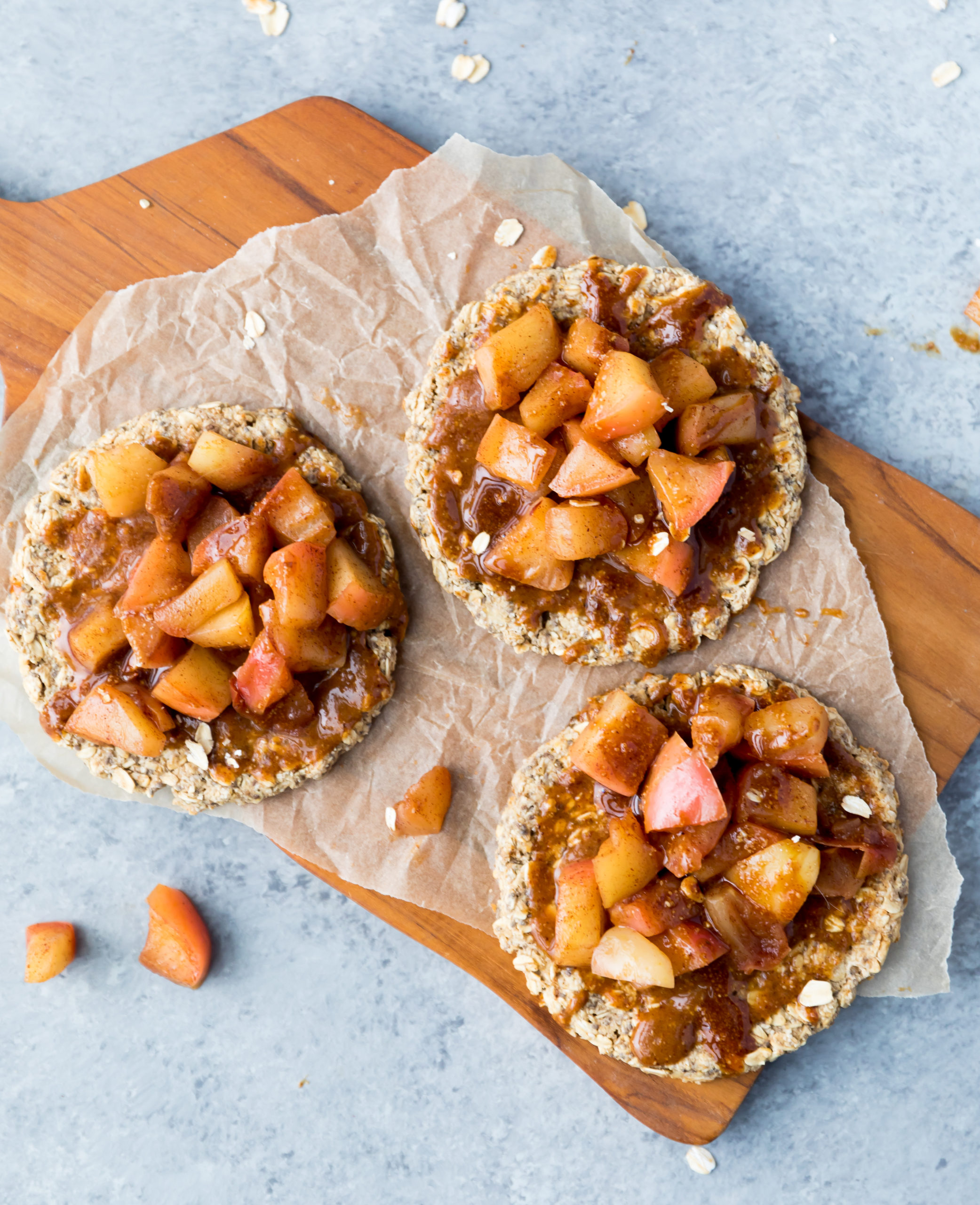 vegan gluten free breakfast oat pizza with caramel apples